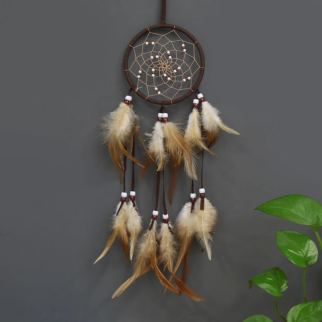 

1PC Lovely Handmade Indian Style Wind Chimes Dream Catcher Net With Feather White Beads Dreamcatcher Wall Hanging Home Decor