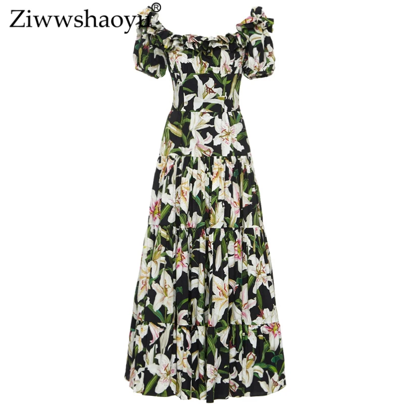 

Ziwwshaoyu Cotton Long dresses Slash neck lily Print Ruffles High waist Big pendulum dress Spring and summer new women's
