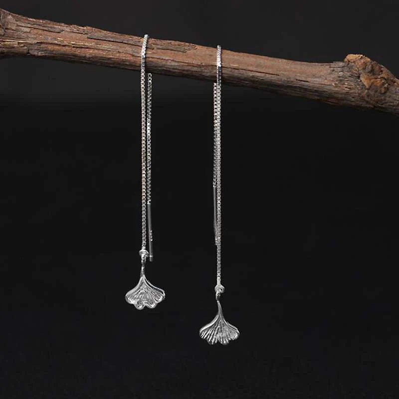 

Ruifan Minimalism Ginkgo Leaves Line Threader Earrings Tassel Genuine 925 Sterling Silver Long Drop Earrings for Women YEA108