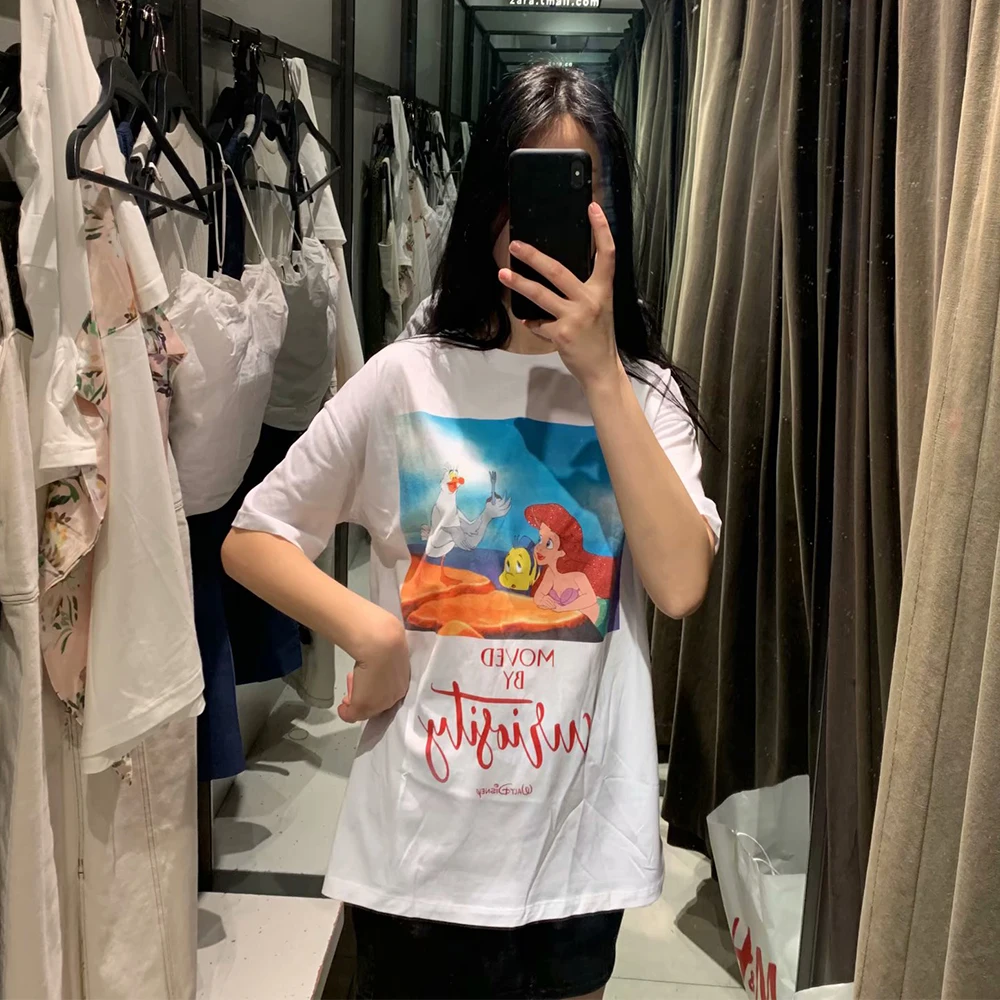 

Vintage White Cotton Tshirt Cartoon Animal O Neck T-Shirt For Girls Summer Top Streetwear Designer Style New Arrivals 2019