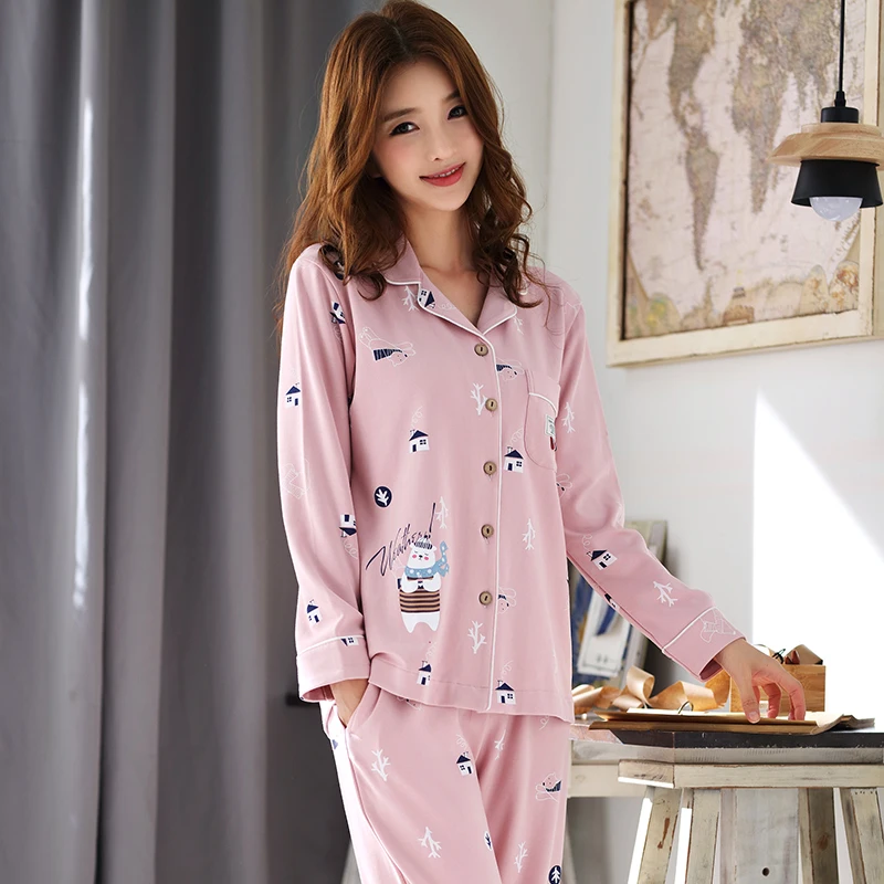 Мультфильм пижамы наборы с длинным рукавом Pijamas Mujer Turn-Down воротник женские пижамы зимняя одежда для сна Lounge Досуг домашняя одежда