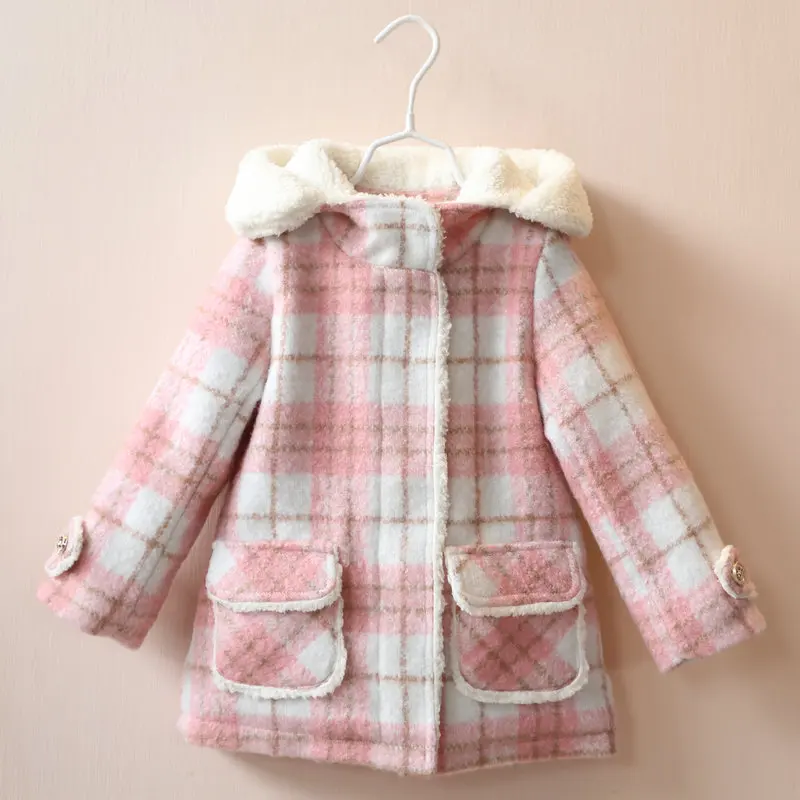 High Quality Fancy Baby Girls Coat Hooded Fleeced Kids Winter Woolen