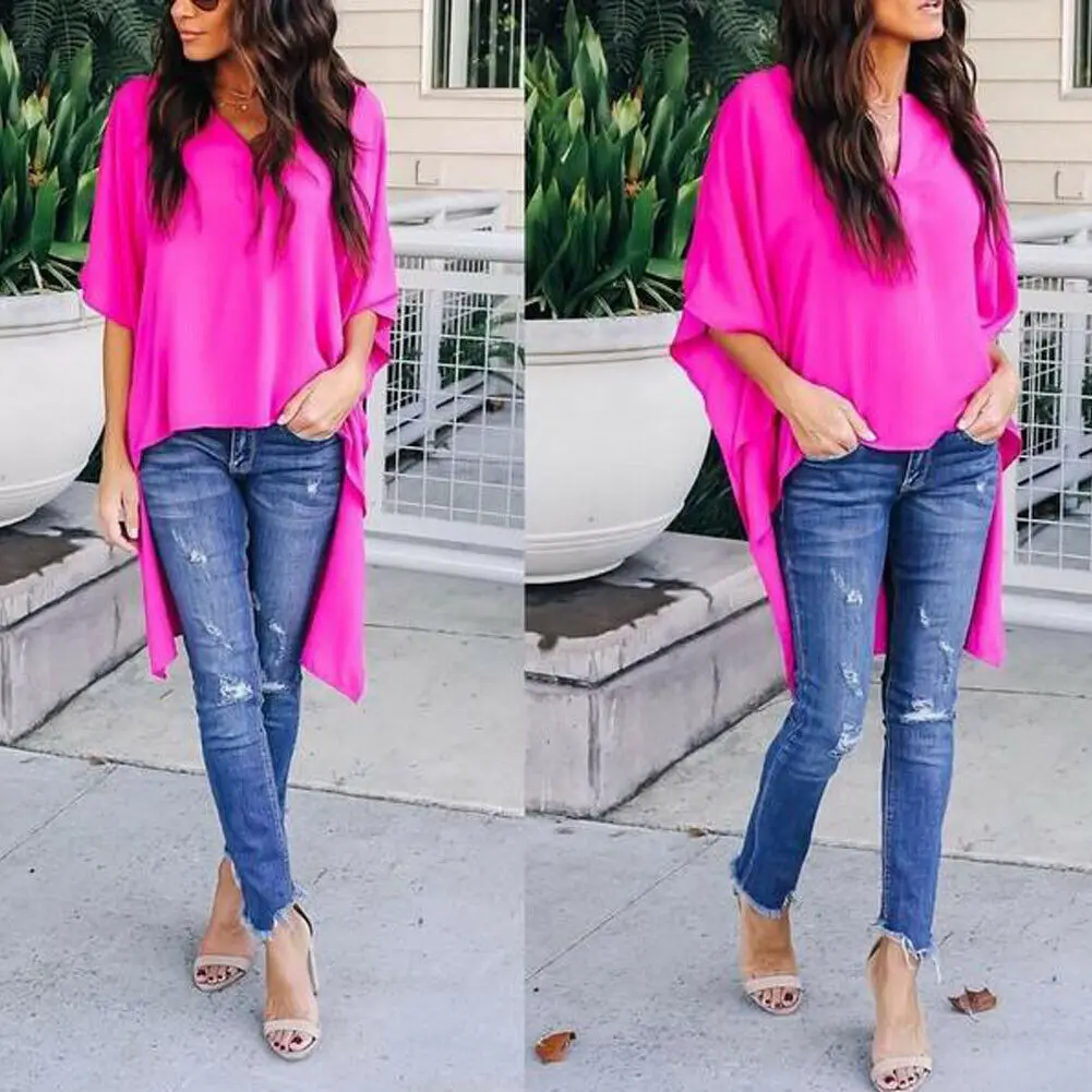 Hot 2019 Women Blouses Summer Elegant Irregular V-Neck Chiffon soft Tunic Casual Solid breathable Half batwing sleeve Top Shirts