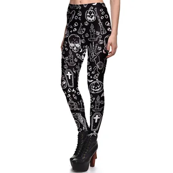 

New Arrival 3760 Sexy Girl Halloween Black ghost Skull Bat Cross Printed Elastic Fitness Polyester Workout Women Leggings Pants