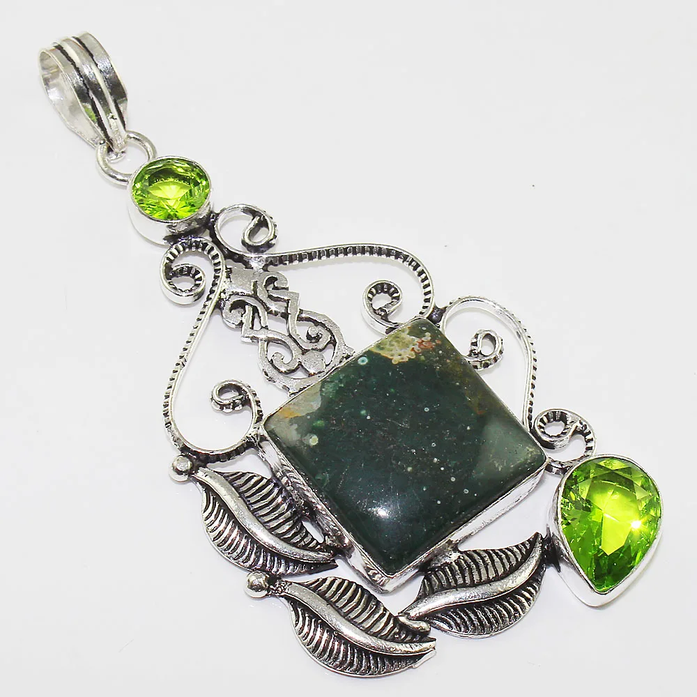 

Blood Stone & Peridot Pendant Silver Overlay over Copper , 82 mm, P0918