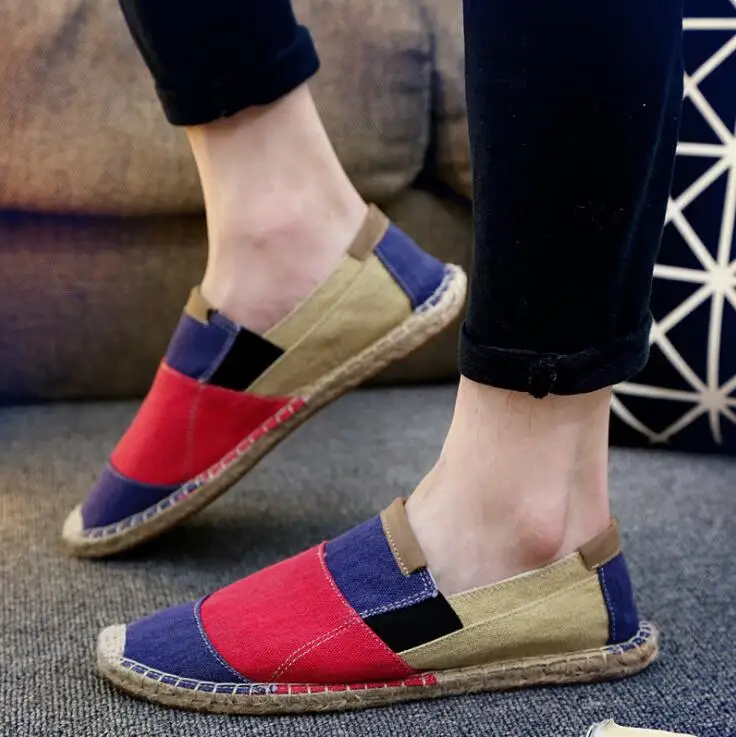 Canvas Men Shoes Fashion Jute Wrapped Men Yellow Patchwork Slip On