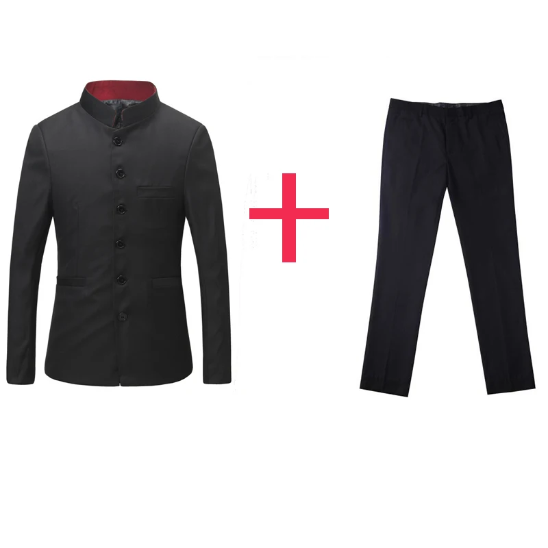 Мужской костюм-туника с воротником-стойкой в китайском стиле, пиджак+ брюки, мужские блейзеры, китайские традиционные вечерние мужские деловые костюмы, приталенный, на заказ, 16 - Цвет: black
