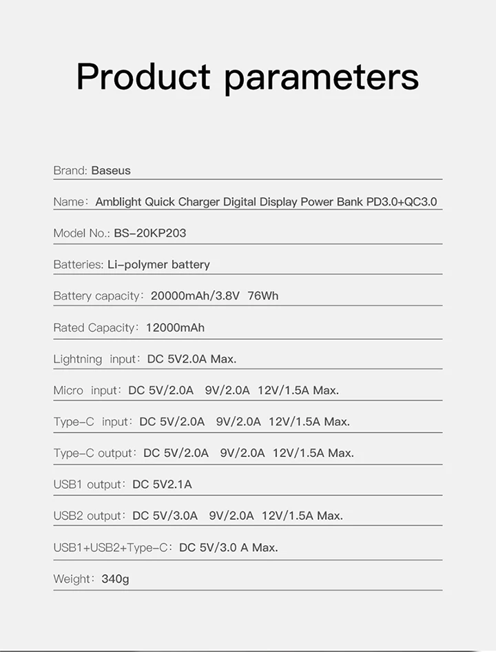 Baseus Быстрая зарядка 3,0 Мощность банка 20000 мА/ч, Тип C Быстрая зарядка PD Мощность банк видны в режиме реального времени статус Комплекты внешних аккумуляторов