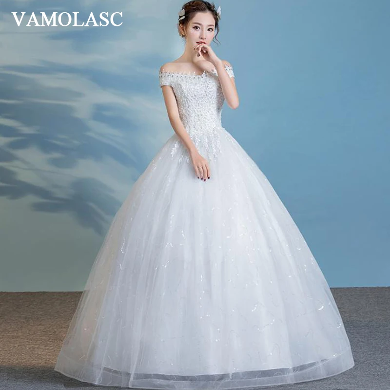 

VAMOLASC Ball Gown Crystal Boat Neck Lace Appliques Wedding Dresses Off The Shoulder Pearls Backless Bridal Gowns