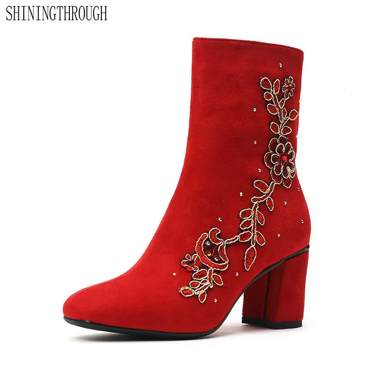 

Women wedding boots woman high heels ankle boots red flower ladies shoes woman autumn winter boots large size 43