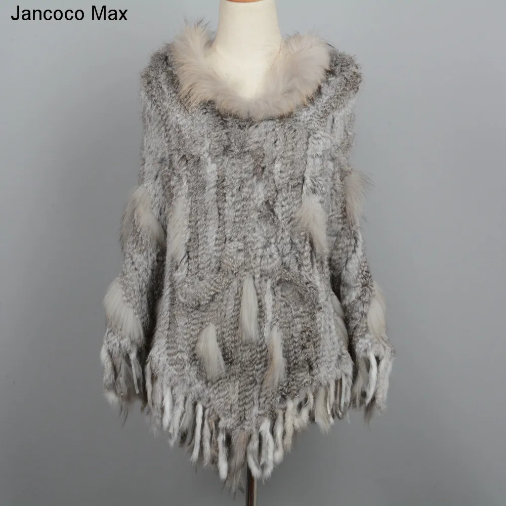 Новинка 2019 вязаное пончо Jancoco Max + из натурального кроличьего меха воротник енота