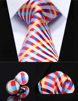 

TZC03N8 Red Yellow Check 3.4" Silk Men Tie Necktie Handkerchief Cufflinks Set Party Wedding Classic Pocket Square Tie