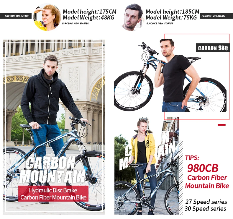Clearance EUROBIKE 26 Inches Carbon Fiber Mountain Bikes Dual Hydraulic Disc Brake Shock Fork 0