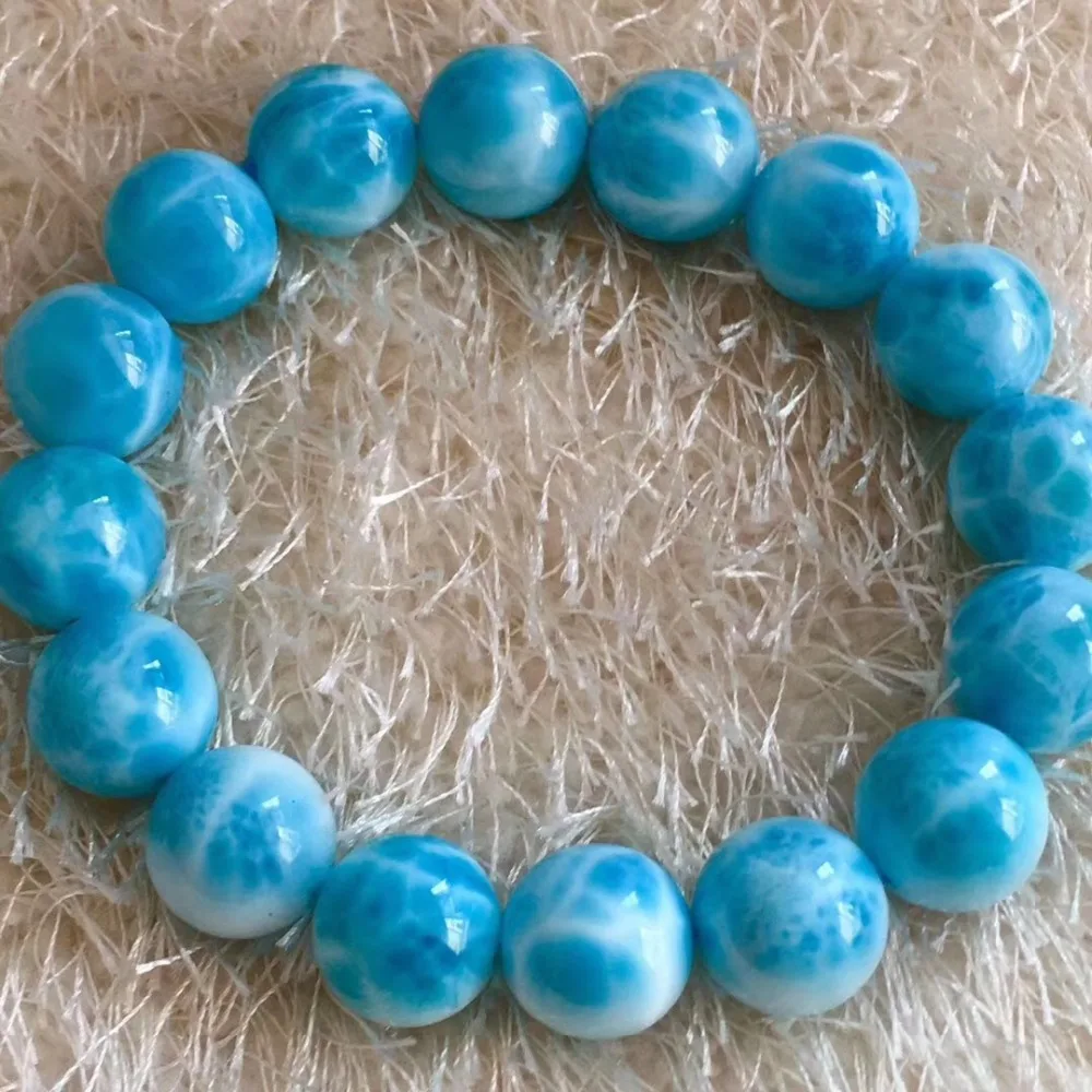 Natural Larimar Stone Round Beads Bracelet  (4)