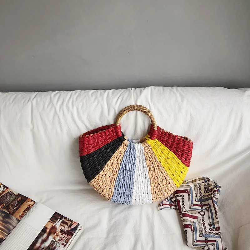 

Bohemian Colorful Striped Handmade Woven Straw Totes Women's Handbags Ladies Summer Wrapped Beach Hand Bags Wild Straw Bag Totes