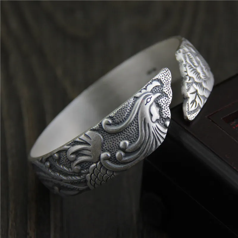 Ethical 925 Sterling Thai Silver Bracelets Bangles Antique Open Size Carved Peacock Peony Wide Cuff Bangle S925 Jewelry | Украшения и