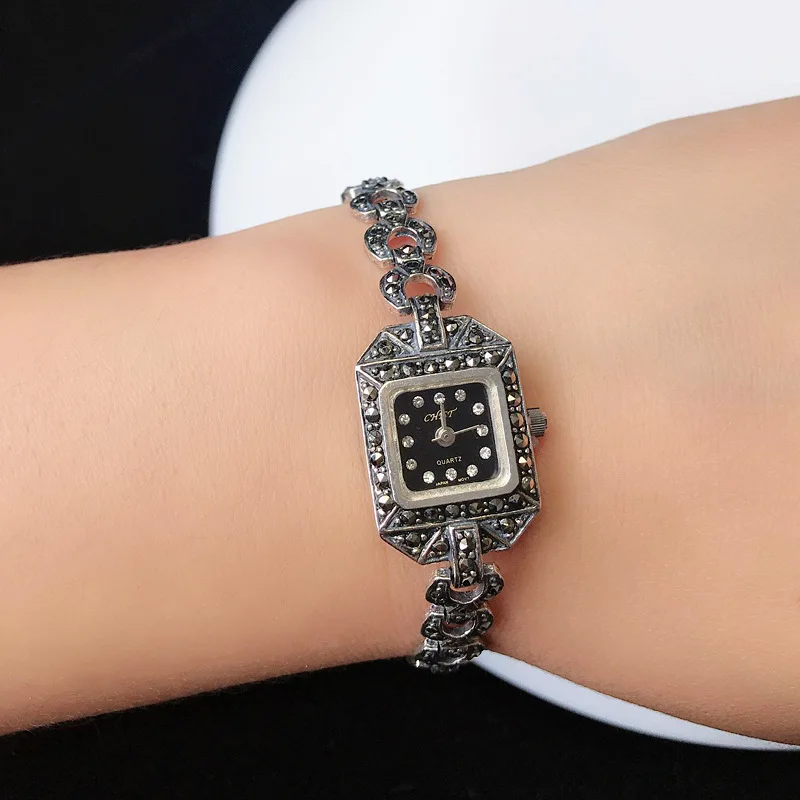 Retro Thai Silver Jewelry Wholesale S925 Sterling Silver Square Dial Vintage Watch Ladies Quartz Watch Bracelet