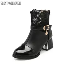 Новая женская обувь ботильоны повседневные ботинки женские толстые Обувь на высоком каблуке весна-осень сапоги кружевное платье обувь женская обувь больших размеров 34–43