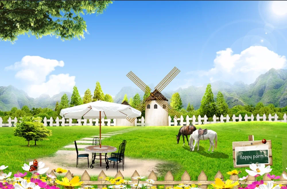 7 X5Ft Blue Sky Green Mountain Windmill Farm Green Grass Horse Fence Custom Photo Background Studio Sfondo Vinile 220Cm X 150Cm
