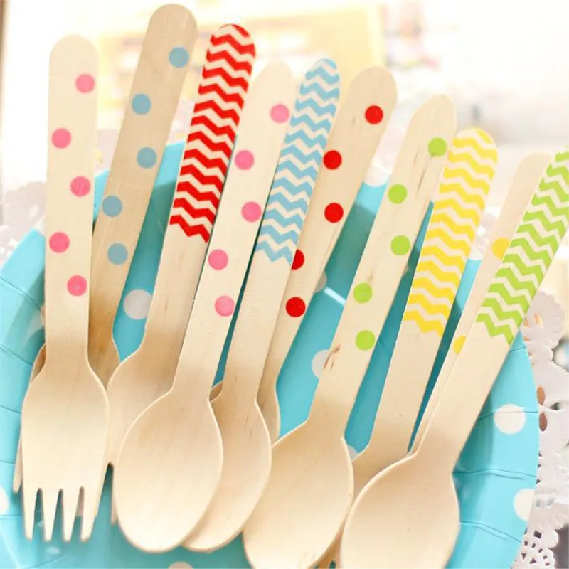 

1Set/lot Multicolor Polka Dot Birch Disposable Wooden Tableware Fork Spoon Knife Set Cutlery for Party of Wedding Kids Birthday