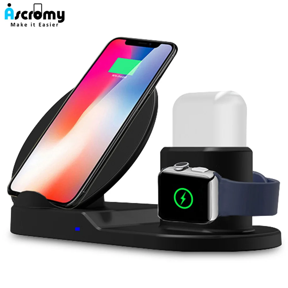 Беспроводная зарядная станция Ascromy 3 в 1 для iPhone Xs Max XR x 8 Plus Apple Watch Airpods Индукционная