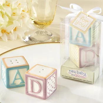

Free Shipping 200pcs=100sets "New Baby on the Block" Ceramic Baby Blocks Salt & Pepper Shakers Wedding Favor Baby shower favor