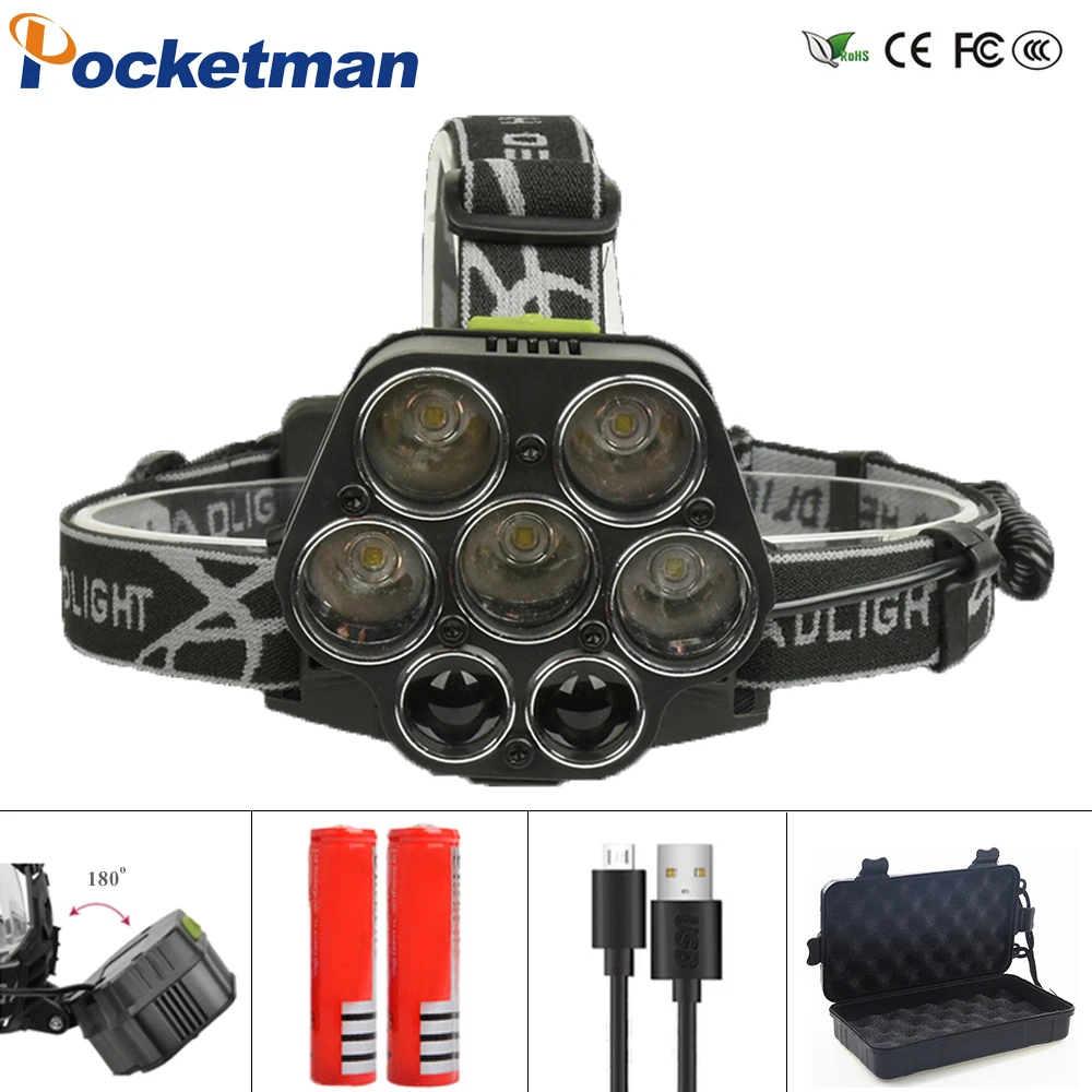 

40000LM Powerful Led Head Lamp 5*XML-T6+2*XPE Headlight For hunting Fishing Headlamp rechargeable flashlight with 18650 battery