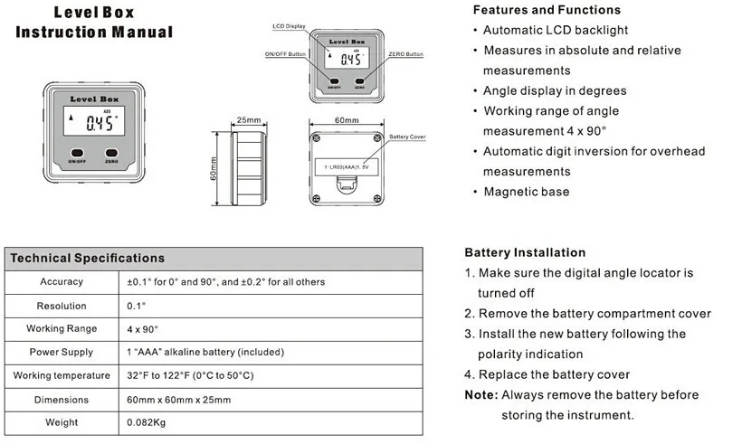 XB-90 360 Degree Precision Digital Bevel Angle Protractor Inclinometer Level Box with Magnet Base