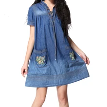 2017 New Vintage Ethnic Tropical Floral Embroidery Dresses Stand Collar Loose Denim Summer Style Casual Women's Elegant Dress