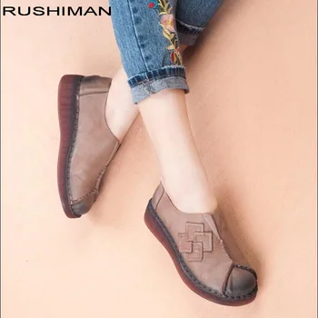 

RUSHIMAN Retro Genuine Leather Shoe Hand-Sewing Comfortable Women Folk Flat Shoe Pregnant Women Shoe Mother Driving Shoe