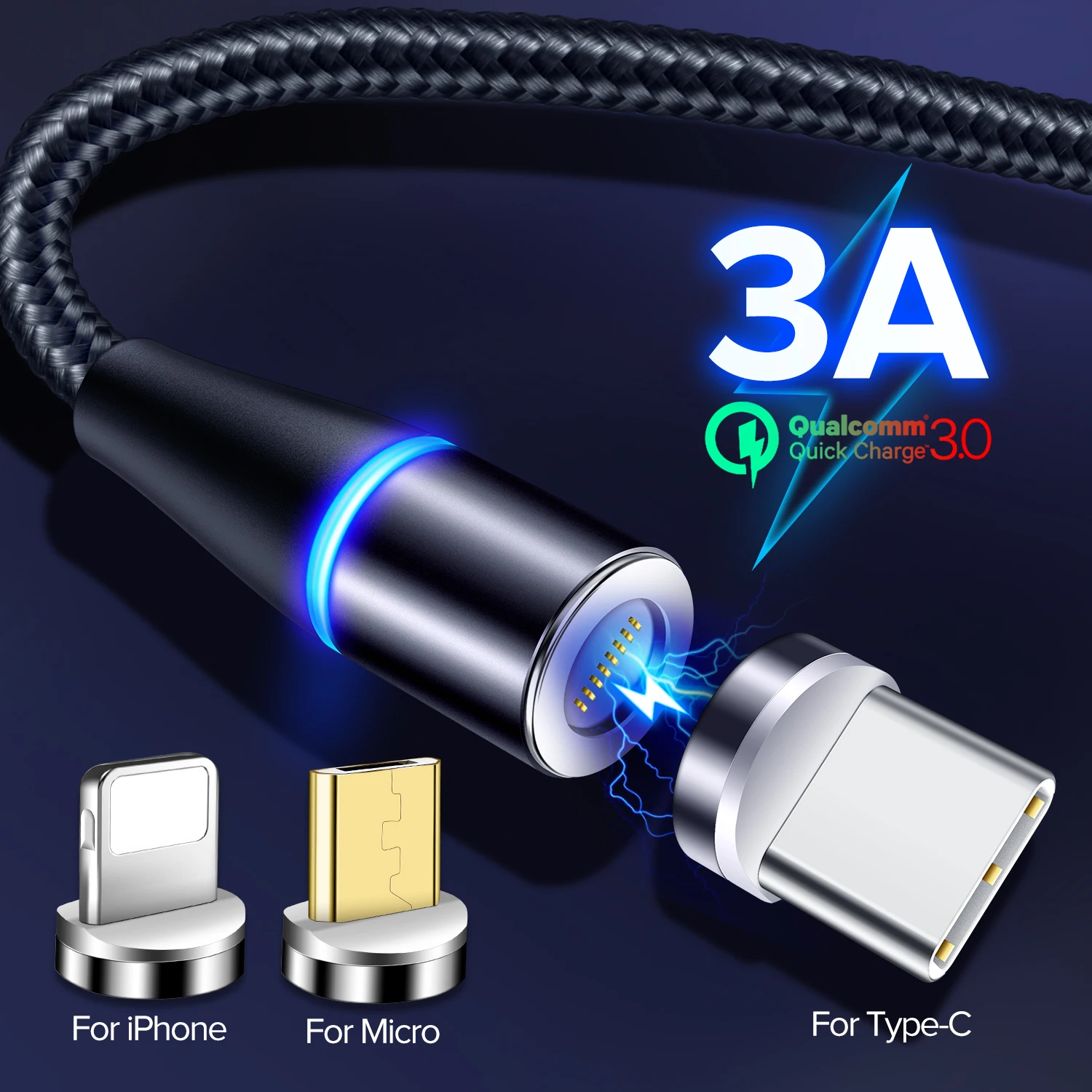 Магнитный зарядный кабель 3A для быстрой зарядки 3,0 Micro USB зарядное устройство type C для IPhone XR MAX samsung S9 Магнитный шнур для телефона USB кабель