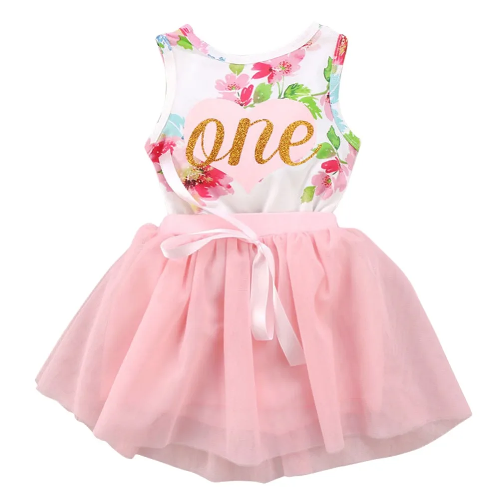 

Baby Girl First 1st Birthday Outfit Clothes Floral Romper Tulle Tutu Skirt + Romper 2pcs set Newborn Princess Cake Smash Outfits