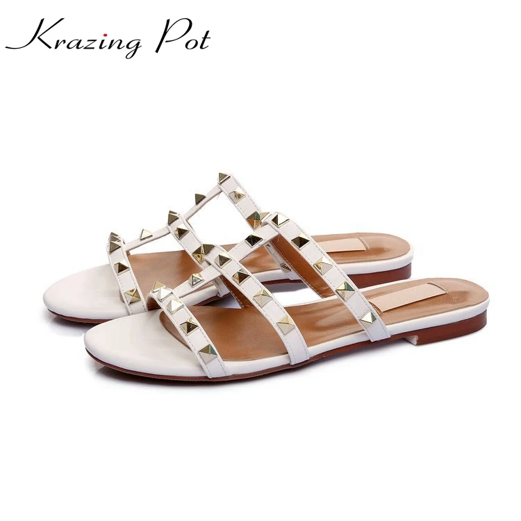 

Krazing Pot genuine leather rivets mules superstar peep toe sandals women slip on flats outside slippers office lady shoes L89