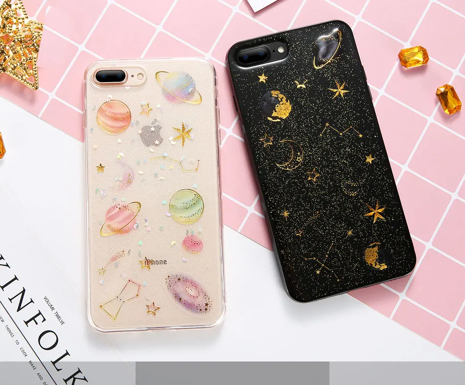 DOEES Phone Case For iPhone 6 6S 7 7 Plus 8 8 Plus Glitter Silicone Case Moon Planet Pattern Transparent Cover For iPhone 6 7 8 (1)
