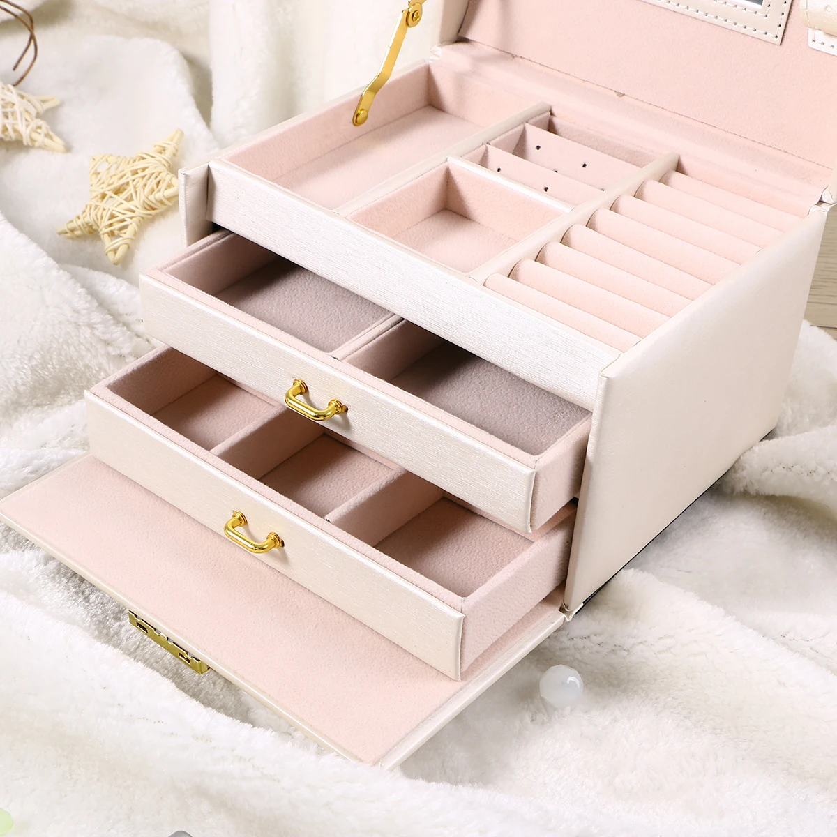 Cosmetic Organizer Jewelry Packaging Box Lockable Makeup Storage Case Organizer with Lift-Up Lid Mirror and Drawers