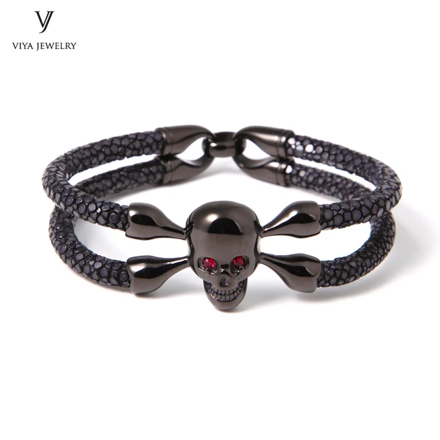 Luxury Men Black Stingray Skull Bracelet Fashion Leather Luxury Men Black Stingray Skull Bracelet Fashion Leather With Red Eyes Customized