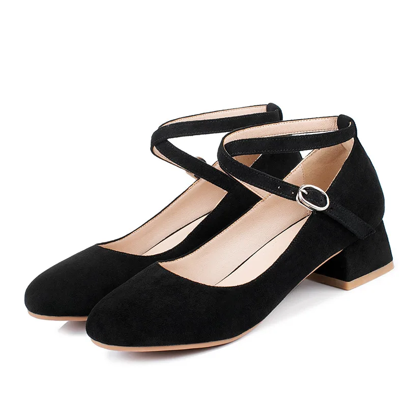 

B2-7 Size 33-43 Woman Cross-tied Ankle Strap Pumps Women Thick Heels Shoes Female Concise Round Toes Shoes Ladies Elegant Shoe