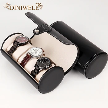 

Leather Watch Storage Boxes Display Case Jewelry Organizer Portable 3 Grids Cylinder Shape Watch Box Gift For Man Women