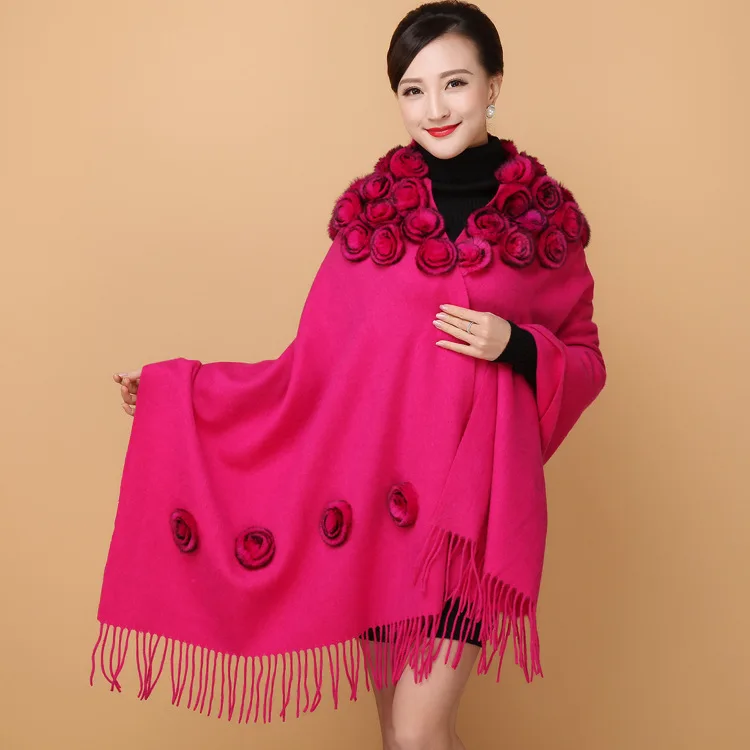 Новая женская модная шерстяная шаль шарф шаль с кроличьим мехом цветочный шар женские теплые Универсальные шарфы с кисточками