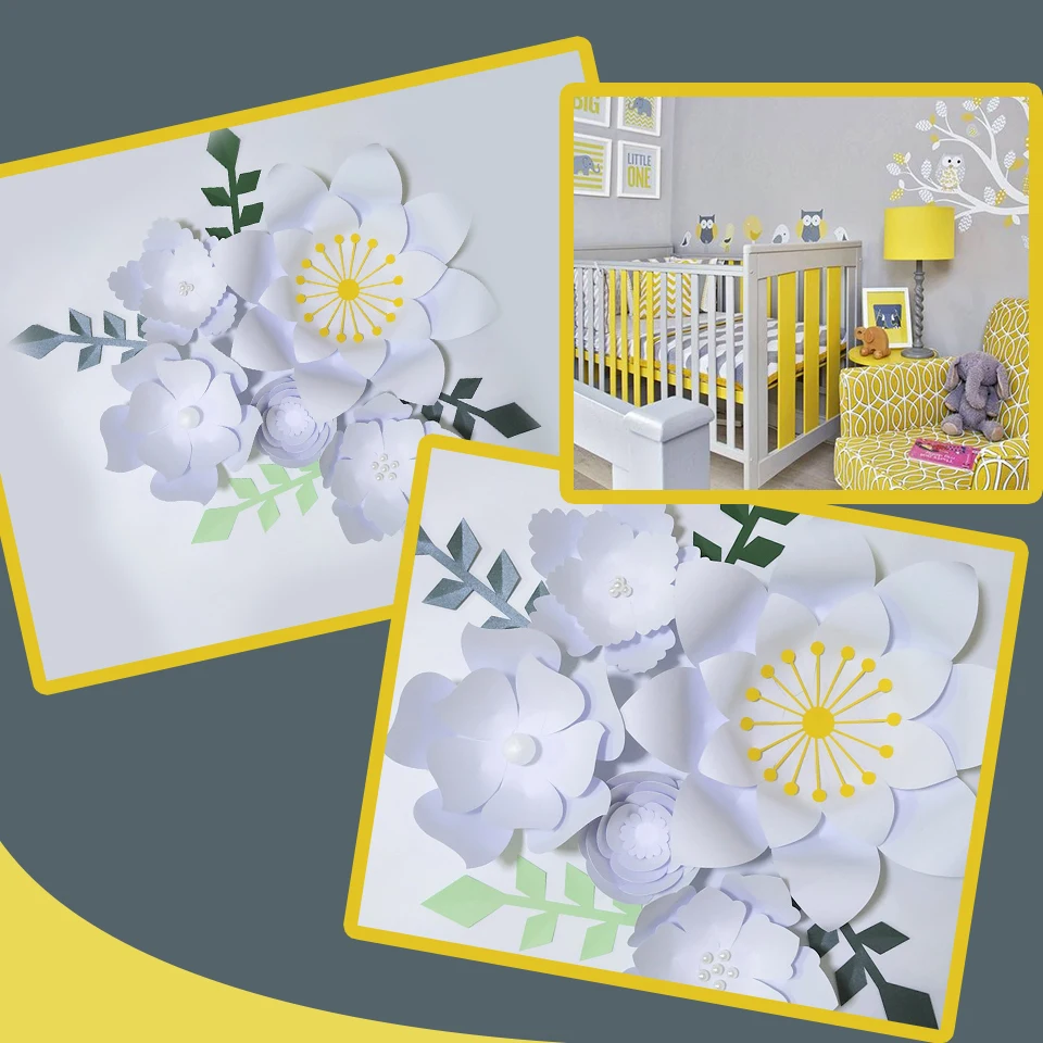 

Handmade White Rose DIY Paper Flowers Green Leaves Set For Party Wedding Backdrops Decorations Nursery Wall Deco Video Tutorials