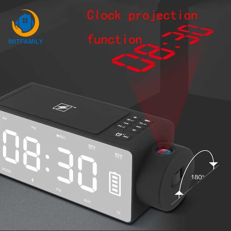 

Wireless Charging Bluetooth Smart Speaker Projection Alarm Clock TF Card FM Radio DIY Recording Ringtone Desktop Home Clocks
