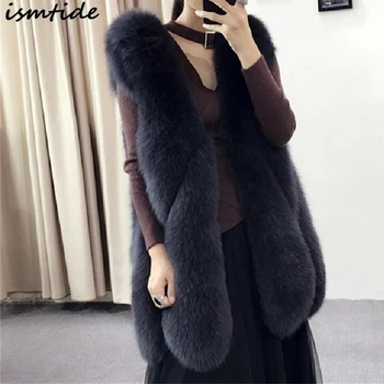 

Plus Size S-4XL Fur Vest Imitation Silver Fox Fur Coat Vertical Stripe Medium-Long Vest Women Faux Fur Vest Winter Coat Jacket