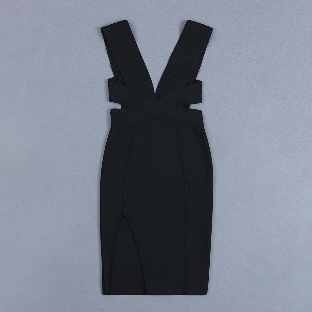 Черные туфли высокого качества v-образным вырезом Открыть вилка Bodycon район Клубное платье с повязкой вечерние элегантное платье