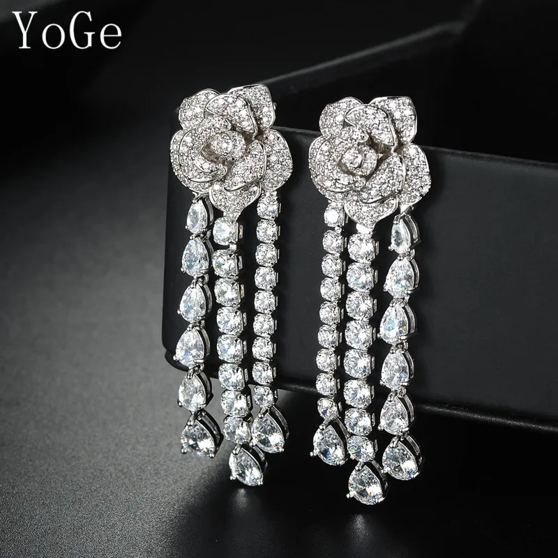 

YoGe statement jewellery, E0554 fashion AAA CZ clear crystal shinning rose flower tassel drop earrings women's accessories
