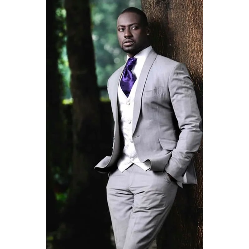 Индивидуальный заказ серый платок нагрудные Нарядные Костюмы для свадьбы для Для мужчин формальные Slim Fit Тощий Жених Костюмы Для мужчин
