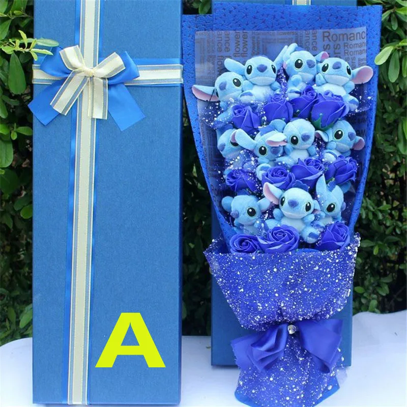 Wedding Day Flowers Artificial Fake roses bridal bouquets stich Lilo stitch Valentine Day wife gift kawaii of plush toy