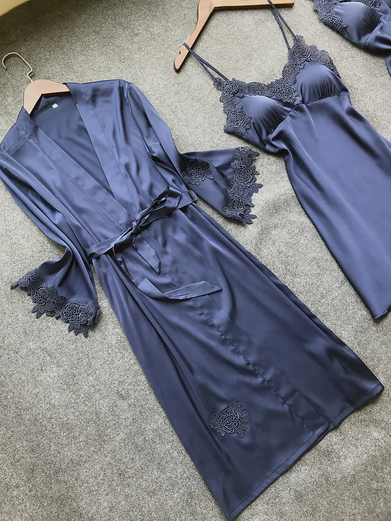 Женский халат и платье, набор, сексуальный кружевной Халат+ ночная сорочка, 4 штуки, пижама, Женский комплект для сна, искусственный шелк, женское белье