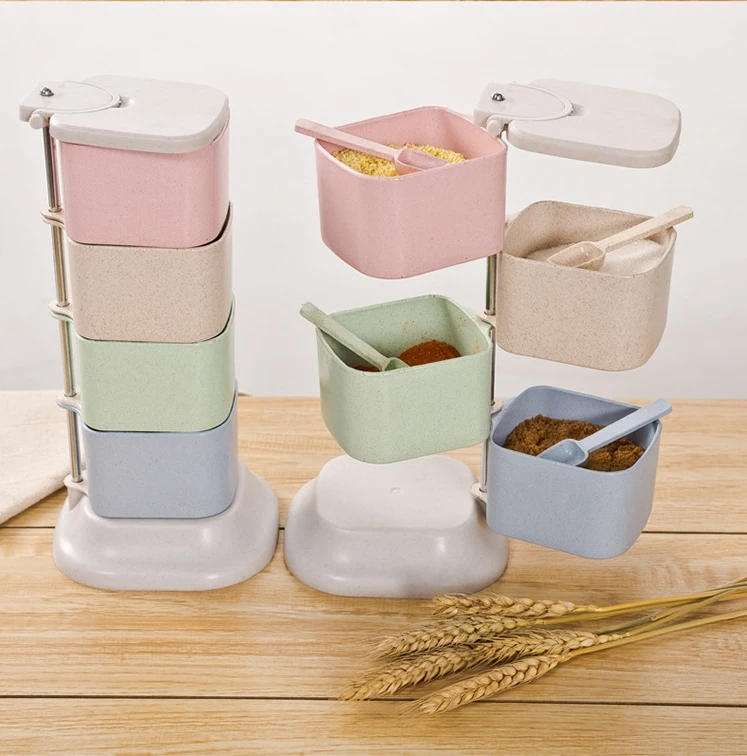 

4 Boxes Rotating Spice Salt Dispenser Seasoning Holder Organizer Kitchen Seasoning Door Wheat Straw Cook Pepper Sugar Bottle