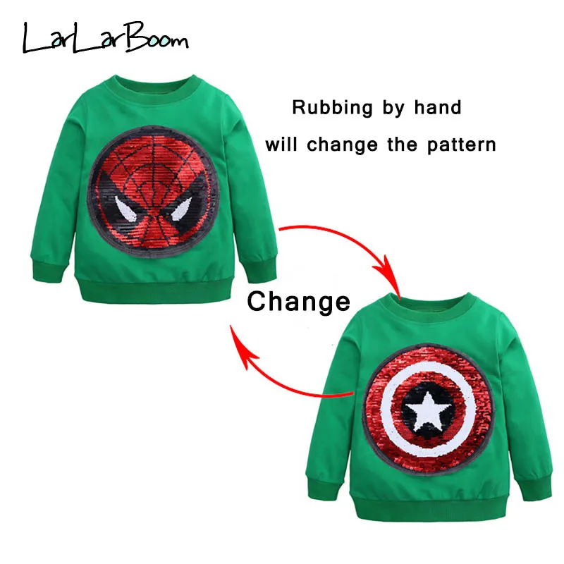 LarLarBoom/детская футболка Новое поступление года, хлопковые топы с длинными рукавами и аппликацией в виде блесток для мальчиков, Человек-паук и Капитан Америка