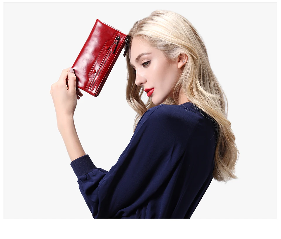 Jamarna Women Wallets Wallet Female Leather Natural Double Zipper Wallet Women Red Coin Purse Card Holder Oil Wax               1_03
